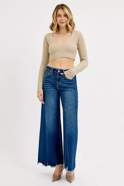 Dark wash plus size RISEN high-rise ankle wide jeans by Trendsi, featuring a full size fit and stylish wide-leg design.