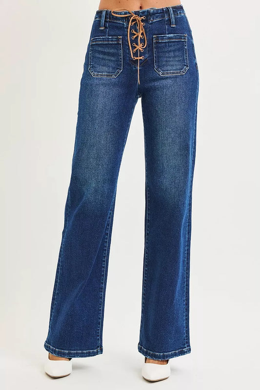 Dark wash Risen full-size high-rise wide-leg jeans with front tie detail, plus size, by Trendsi.