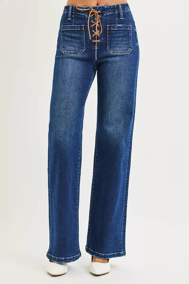 Dark wash Risen high-rise wide-leg jeans with front tie detail, plus size trendy denim pants from Trendsi.