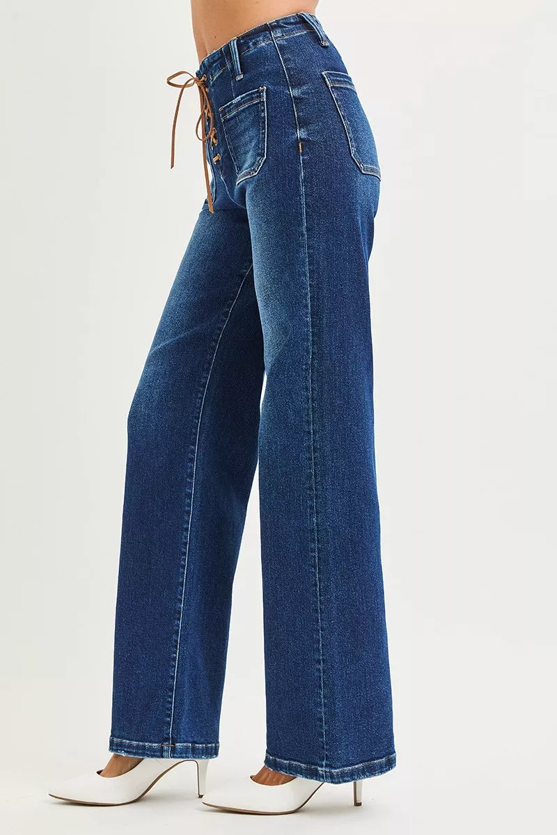 Dark wash Risen full-size high-rise wide-leg jeans by Trendsi with front tie detail and plus size fit.