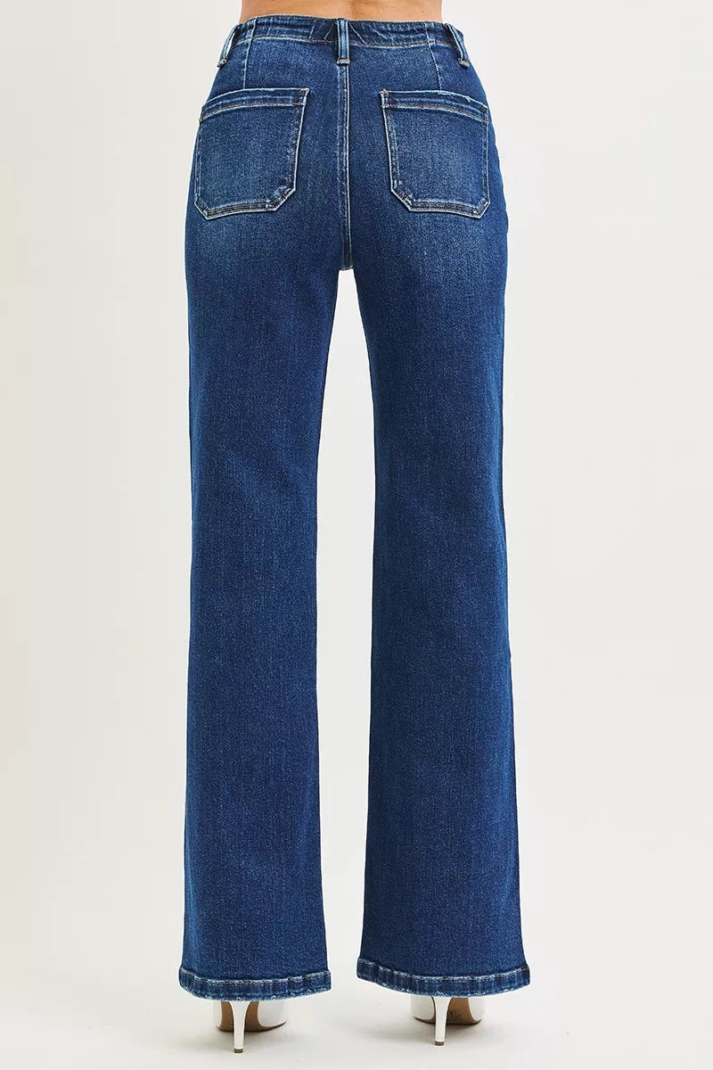 Dark wash Risen full size high-rise wide-leg jeans with front tie detail, plus size, from Trendsi.