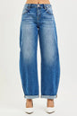 Dark wash RISEN plus size full-length mid-rise barrel jeans with double roll-up cuffs, by Trendsi.