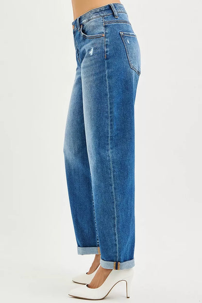 Plus size RISEN dark wash full size mid-rise barrel jeans with double roll-up cuffs, by Trendsi, shown on a model.