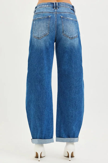 Plus size RISEN dark denim full size mid-rise barrel jeans with double roll-up cuffs, featuring a comfortable fit and stylish design.