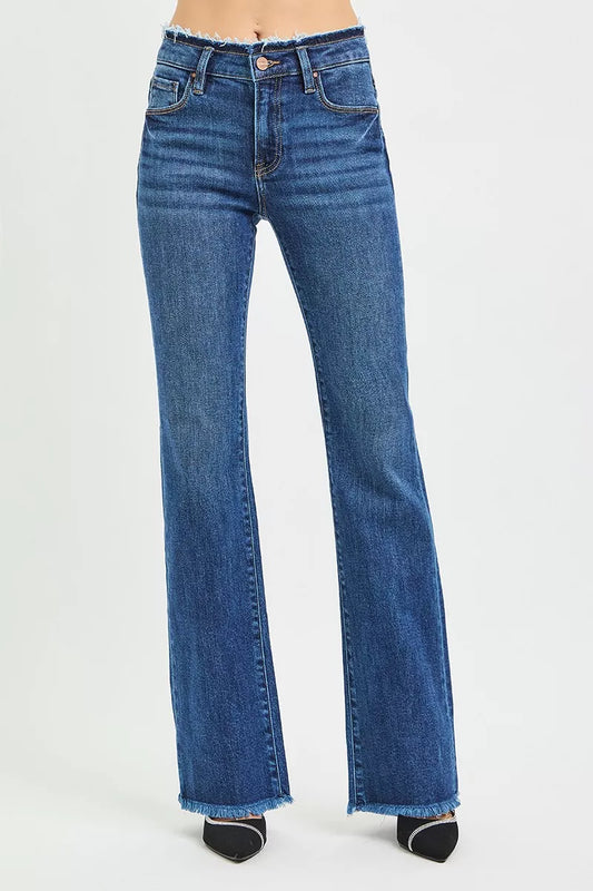 Dark blue Risen full-size mid-rise bootcut jeans with frayed waistband and hem detail, plus size, from Trendsi.
