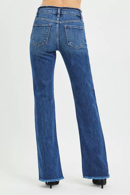 Dark denim plus size RISEN bootcut jeans with mid-rise fit, frayed waistband, and hem detail from Trendsi.