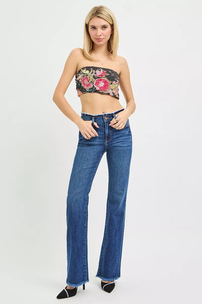 Dark blue plus size RISEN bootcut jeans with mid-rise fit, frayed waistband, and hem detail, by Trendsi.