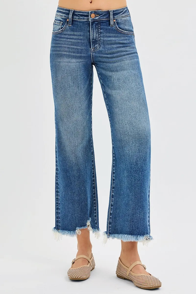 Dark wash RISEN full size mid-rise crop straight jeans by Trendsi, showing the relaxed fit and classic denim style.