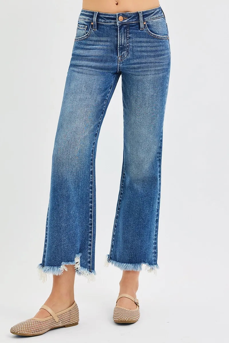 Plus size RISEN full size dark wash mid-rise crop straight jeans by Trendsi, featuring a classic denim look and straight-leg fit.