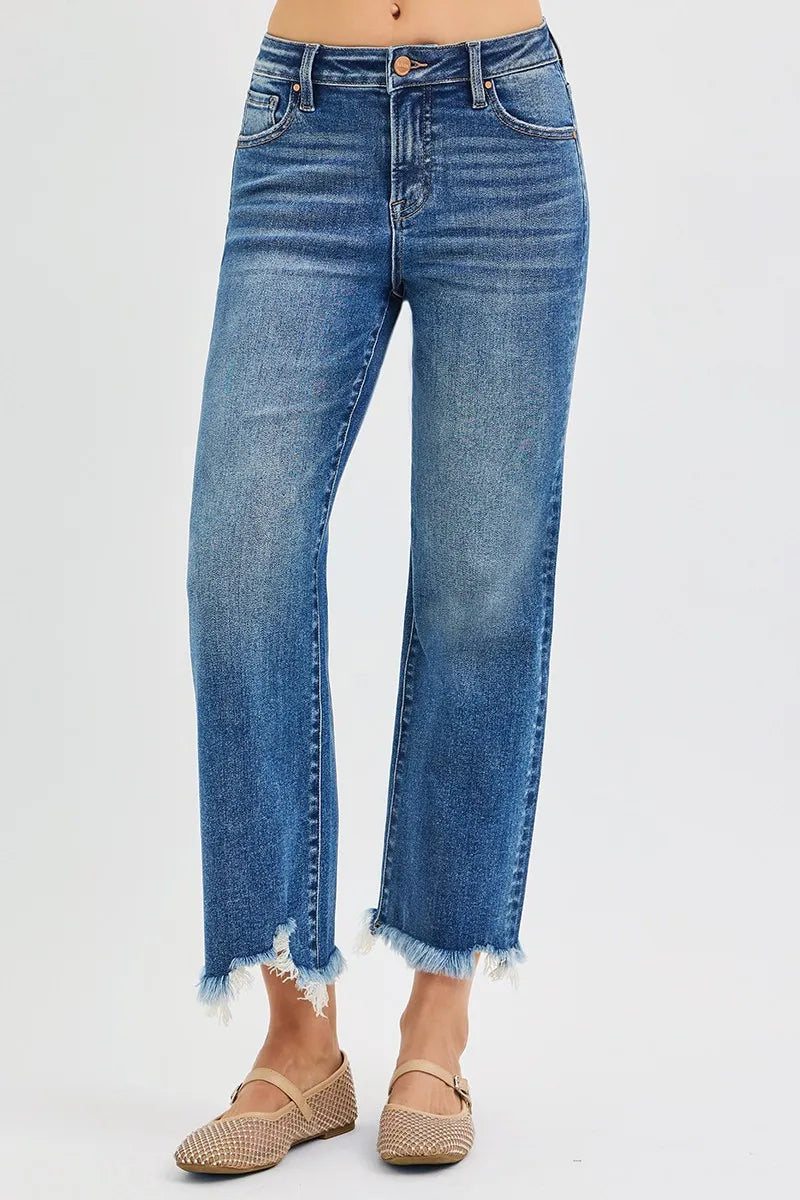 Dark blue Risen full-size mid-rise crop straight jeans by Trendsi, shown on a model highlighting the fit and style.