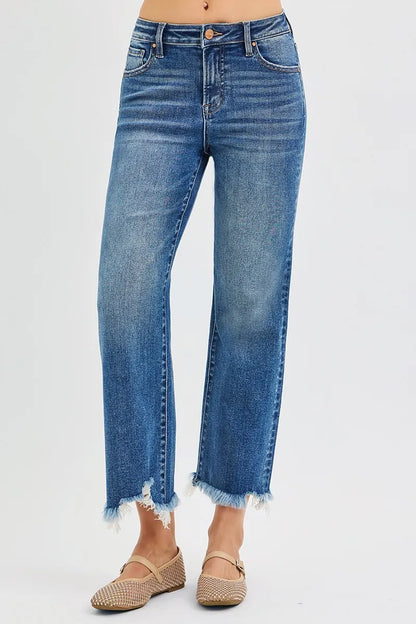 Dark blue Risen full-size mid-rise crop straight jeans by Trendsi, shown on a model highlighting the fit and style.