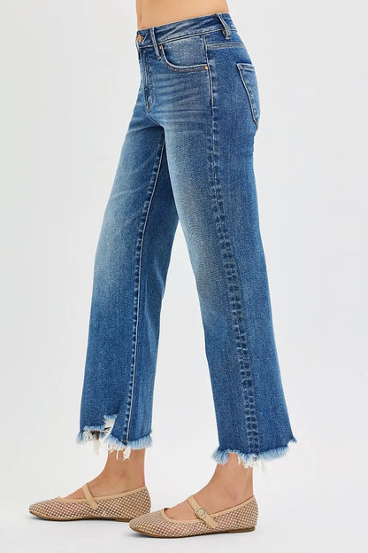 Plus size RISEN full size mid-rise crop straight jeans from Trendsi, dark wash, denim fabric, and cropped length.