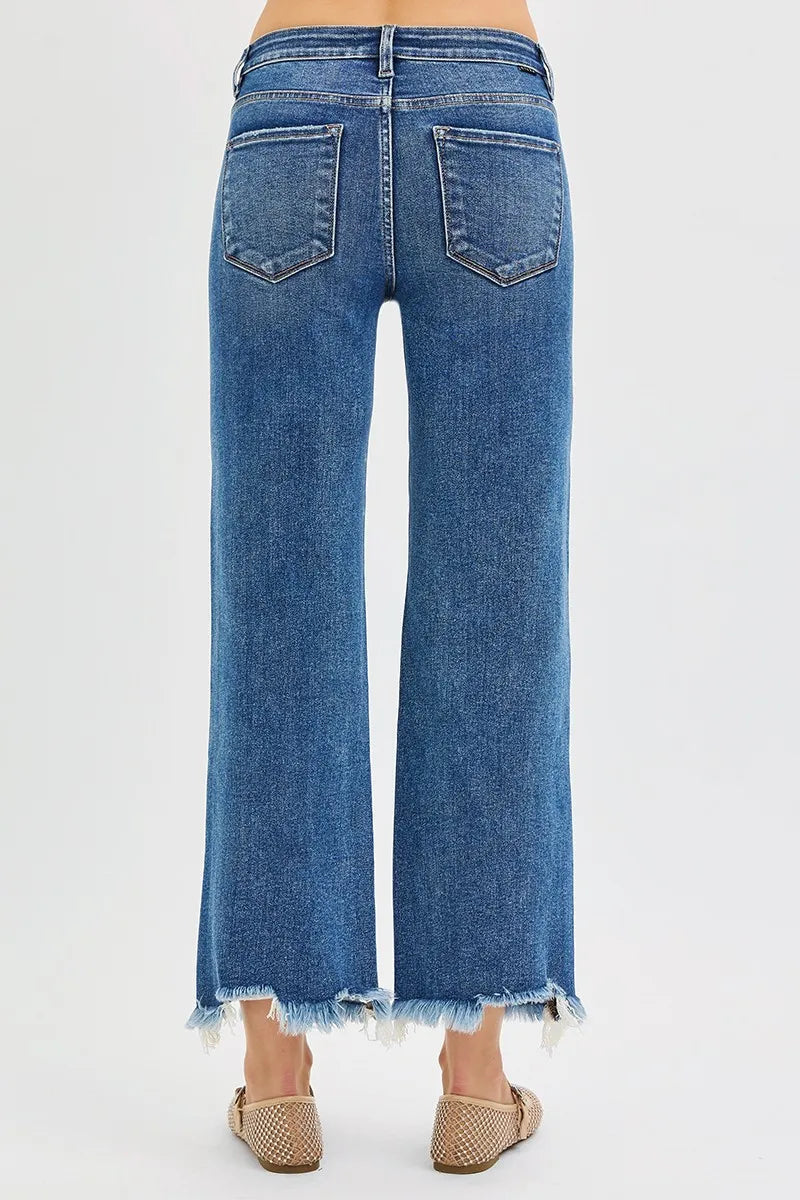 Dark wash RISEN full-size mid-rise crop straight jeans by Trendsi, styled with a casual fit and classic jean details.