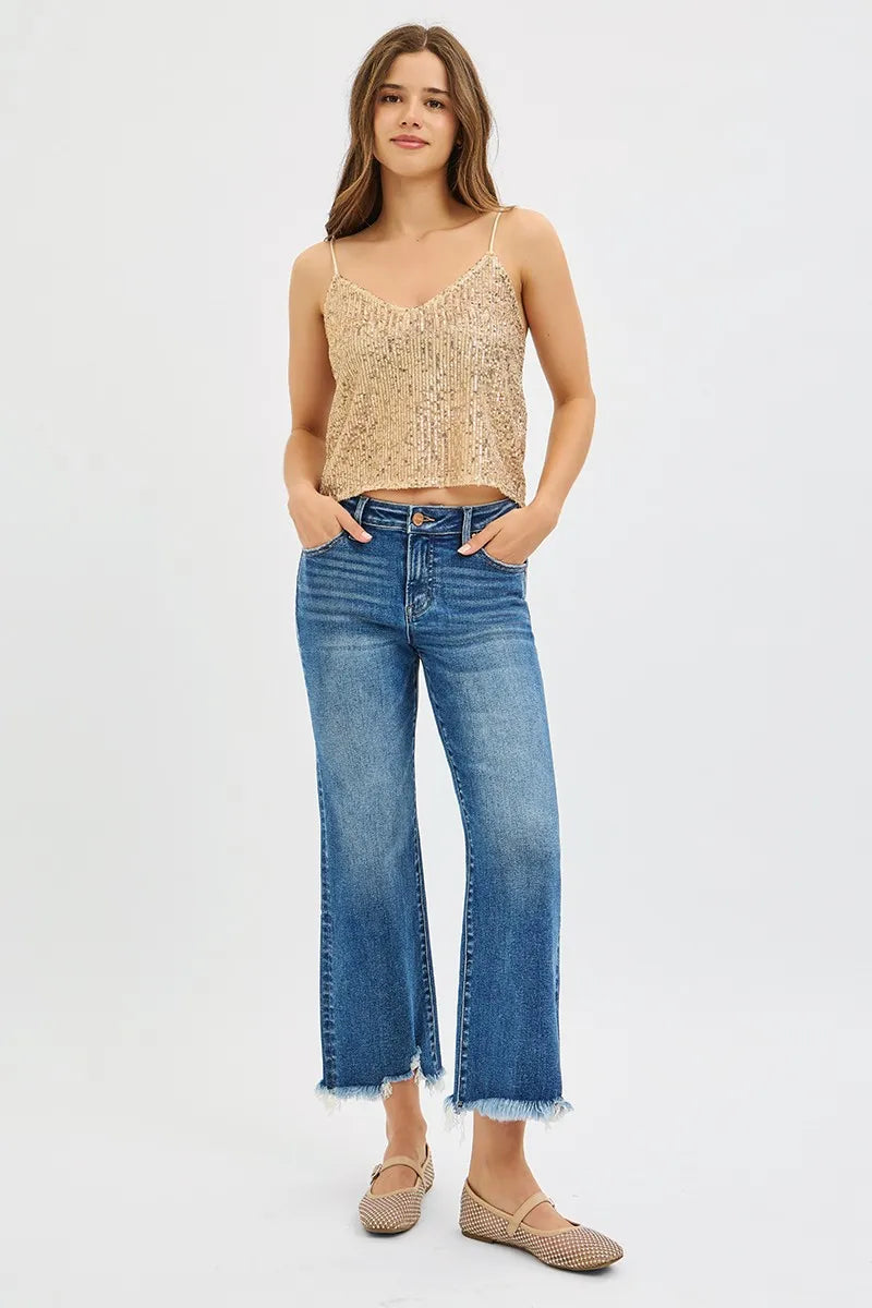 Plus size RISEN full size mid-rise crop straight jeans by Trendsi, dark wash with classic denim style and straight leg fit.