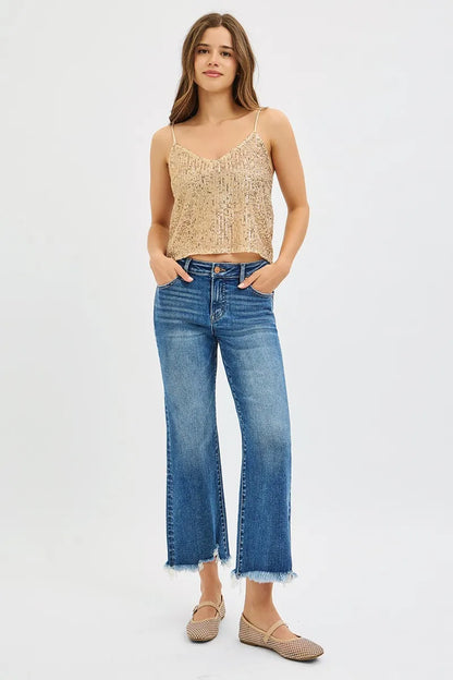 Plus size RISEN full size mid-rise crop straight jeans by Trendsi, dark wash with classic denim style and straight leg fit.