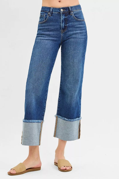 Dark blue Risen plus-size mid-rise crop wide cuff jeans with a relaxed fit and stylish wide cuffs, by Trendsi.