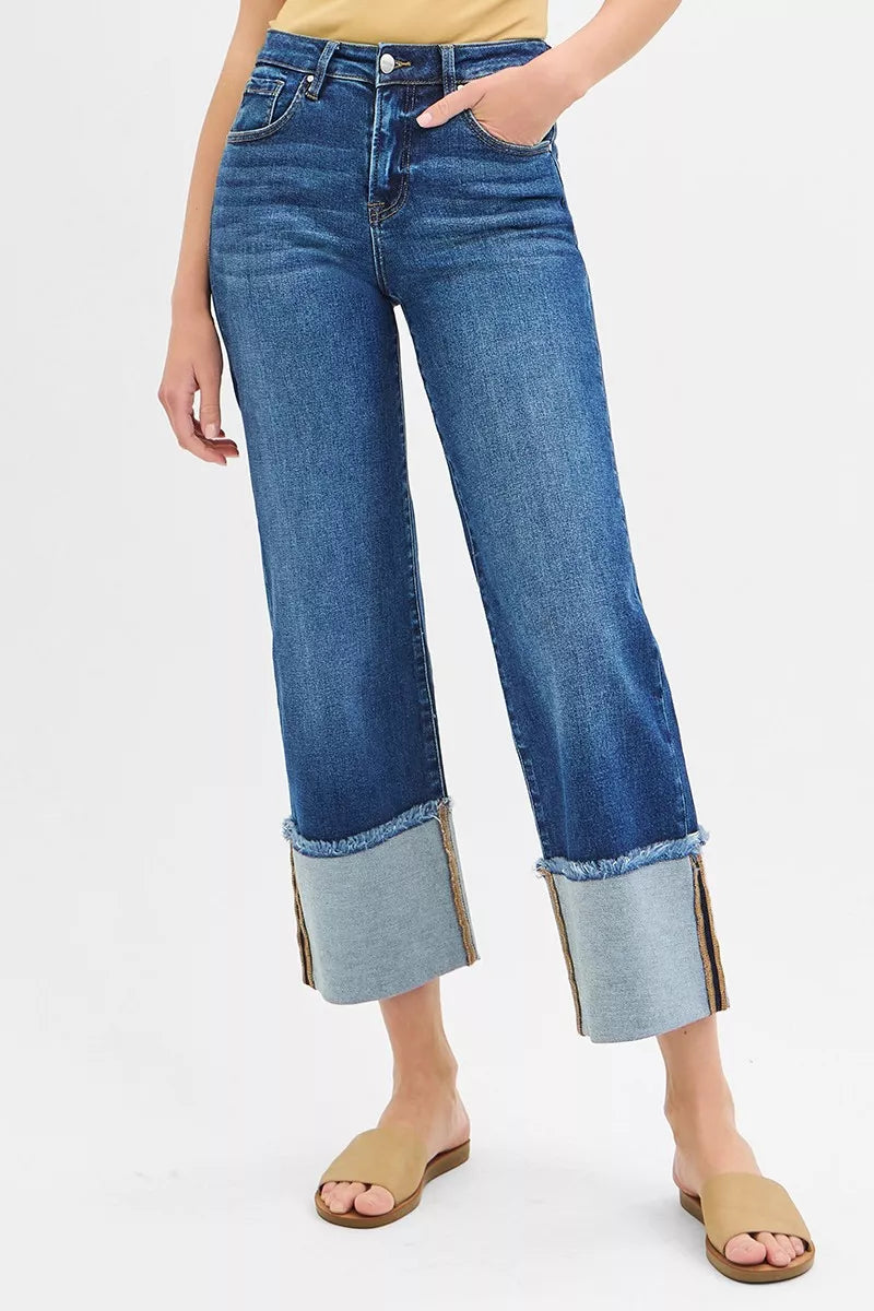 Plus size RISEN full size mid-rise crop wide cuffed jeans by Trendsi, dark wash with a relaxed fit and rolled cuffs.