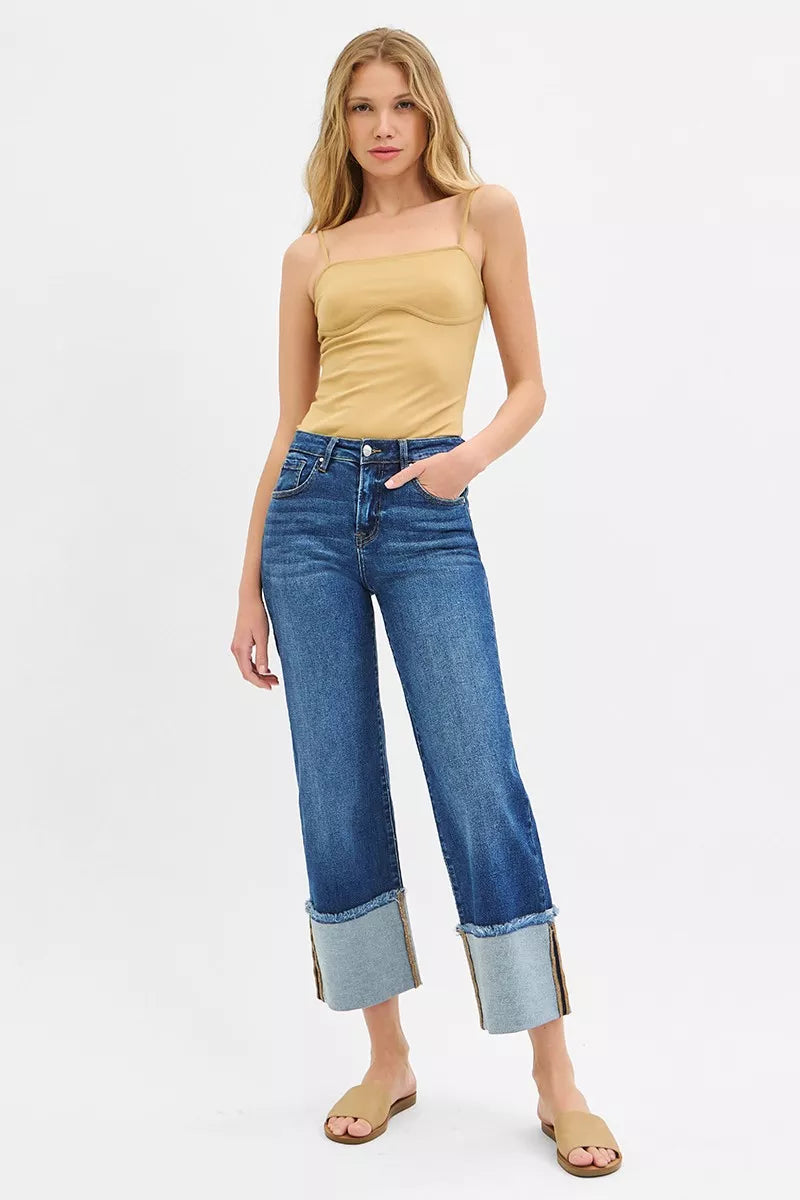 Dark wash Risen full-size mid-rise crop wide cuff jeans, plus size, with a relaxed fit and cuffed hem, by Trendsi.
