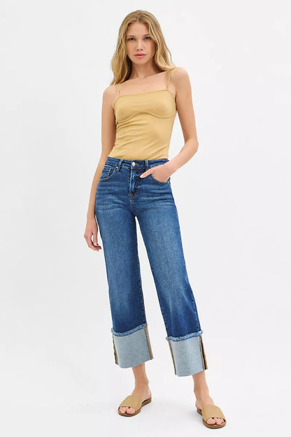 Dark wash Risen full-size mid-rise crop wide cuff jeans, plus size, with a relaxed fit and cuffed hem, by Trendsi.