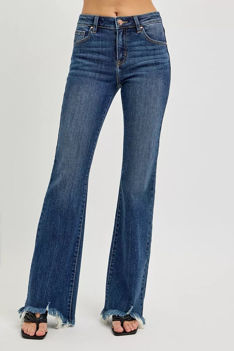 Plus size dark wash RISEN full-size mid-rise flare jeans with frayed hem, featuring a stylish and comfortable fit.