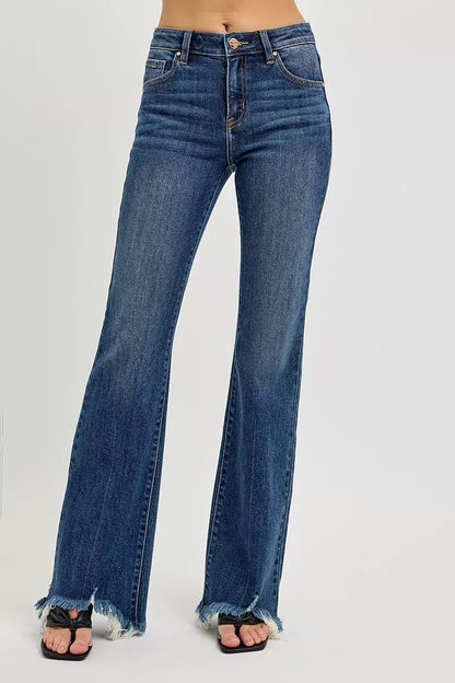Plus size dark wash RISEN full-size mid-rise flare jeans with frayed hem, featuring a stylish and comfortable fit.