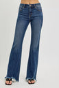 Plus size dark wash RISEN full-size mid-rise flare jeans with frayed hem, featuring a stylish and comfortable fit.