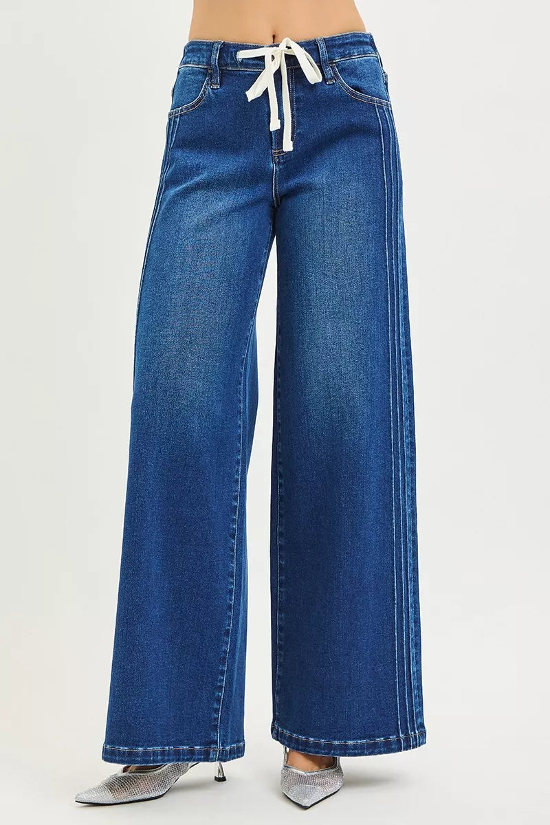 Dark wash RISEN full-size mid-rise wide-leg pintuck jeans with front drawstring, plus size, casual and comfortable fit.