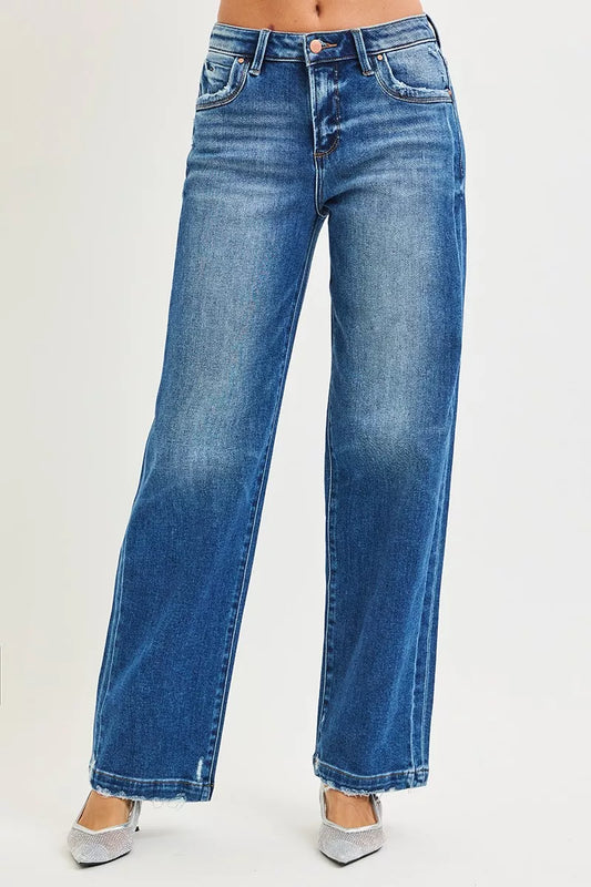 Dark brown Risen full-size slouchy baggy jeans showing side seam pockets and relaxed fit, plus size casual denim pants.