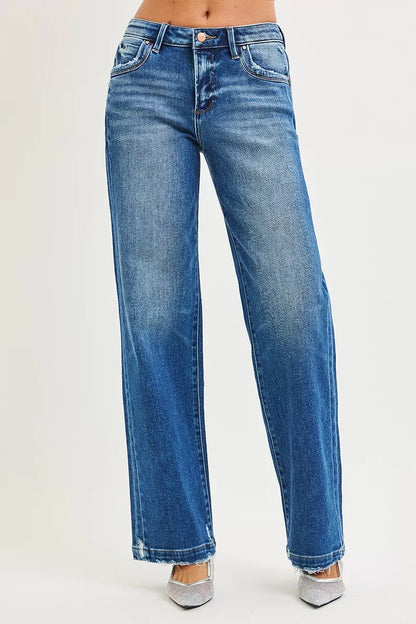 Dark RISEN full-size slouchy baggy jeans with side seam pockets, plus size, featuring relaxed fit and casual style.
