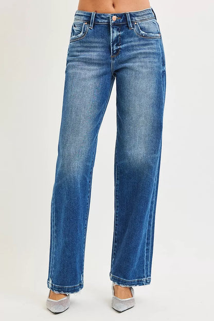 Dark blue RISEN full-size slouchy baggy jeans with side seam pockets, plus size, featuring relaxed fit and casual style.