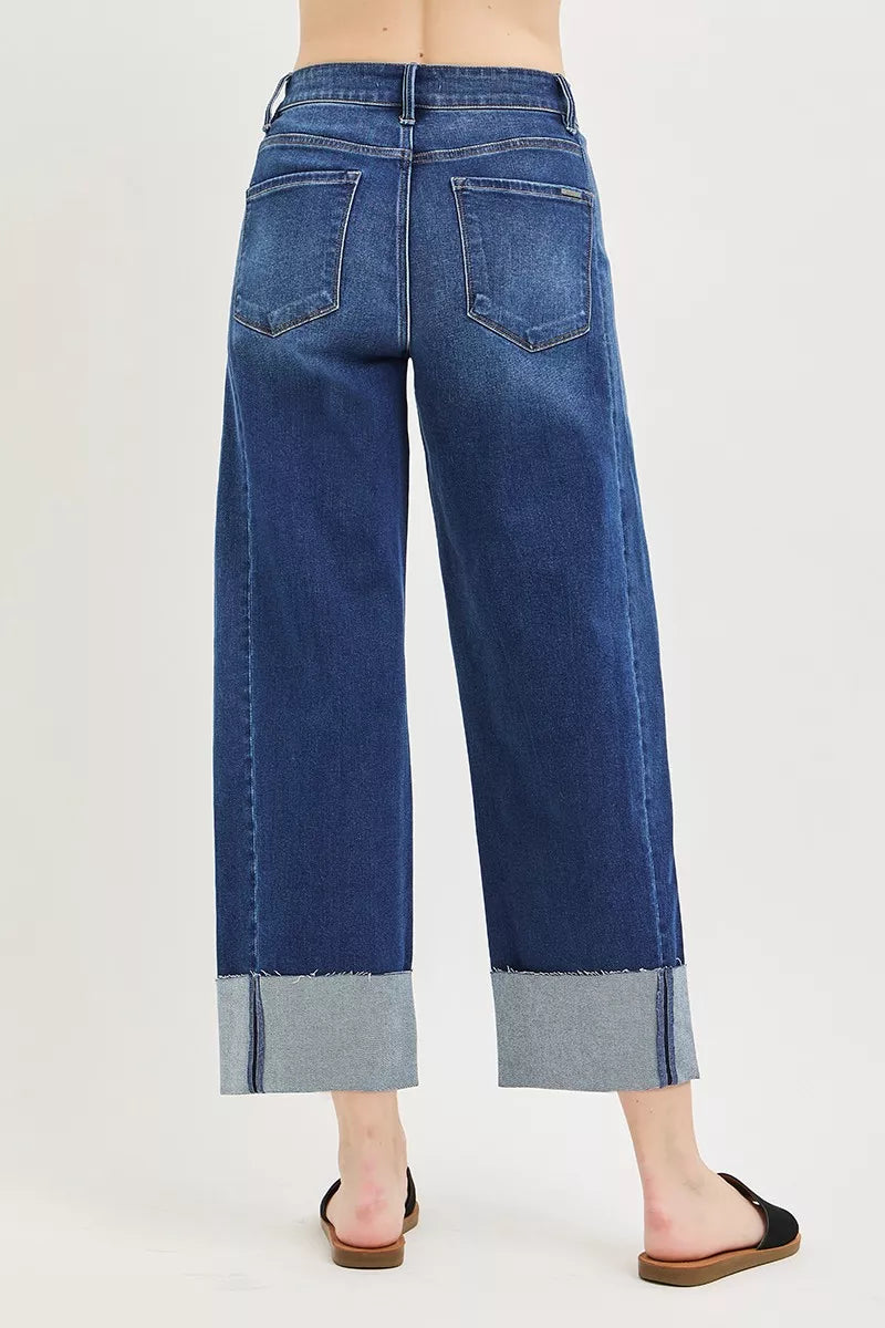 Dark RISEN plus size slouchy crop barrel cuff jeans with a relaxed fit and stylish cuffed hem, designed for comfort and fashion.