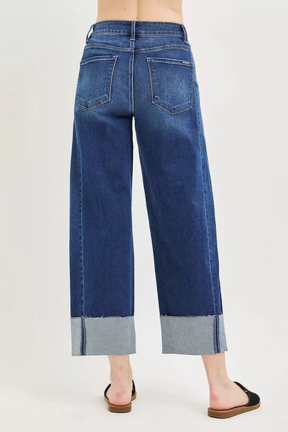 Dark RISEN plus size slouchy crop barrel cuff jeans with a relaxed fit and stylish cuffed hem, designed for comfort and fashion.