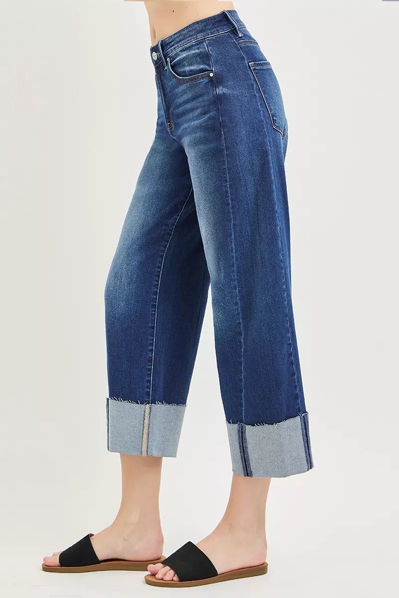 Dark Trendsi RISEN plus size slouchy crop barrel cuff jeans, relaxed fit and stylish for casual wear.