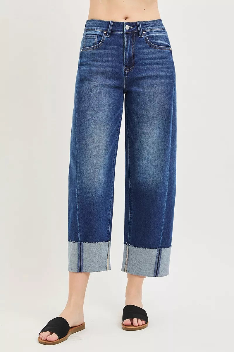 Dark Trendsi Risen full-size slouchy crop barrel cuff jeans, plus size, with relaxed fit and trendy distressed details.