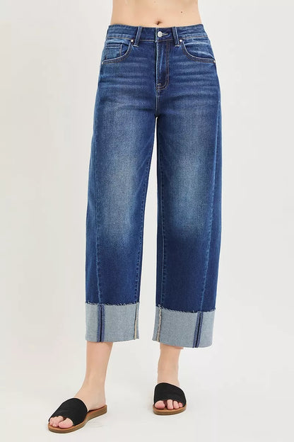 Dark Trendsi Risen full-size slouchy crop barrel cuff jeans, plus size, with relaxed fit and trendy distressed details.