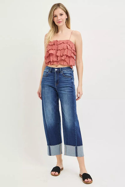 Dark blue plus size RISEN slouchy crop barrel cuff jeans from Trendsi, showing relaxed fit and stylish rolled cuffs.