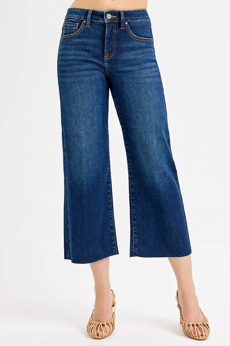 Dark wash Risen full size tummy control high-rise crop wide jeans by Trendsi, featuring a fitted waistband and wide-leg silhouette.