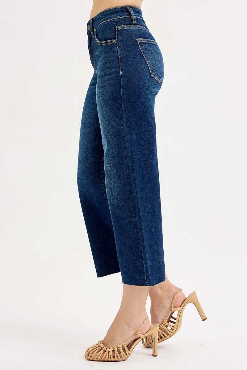 Dark wash Risen full size tummy control high-rise crop wide jeans by Trendsi, featuring a comfortable fit and stylish wide leg design.