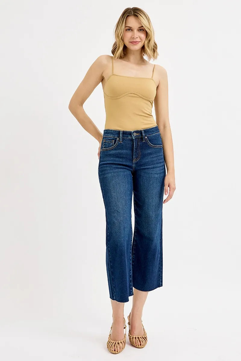 Dark wash RISEN plus size high-rise crop wide jeans with tummy control, full size, trendy and comfortable for casual wear.