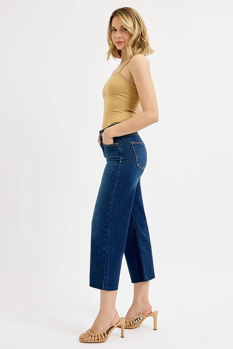Dark wash Risen full size tummy control high-rise crop wide jeans by Trendsi, featuring a flattering fit and comfortable waist.
