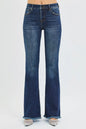 Dark wash RISEN plus size flare jeans with tummy control, mid-rise fit and classic style, designed for comfortable, flattering wear.
