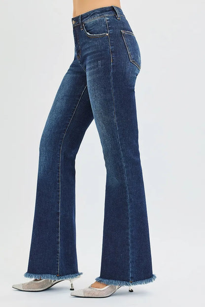 Dark wash Risen plus size flare jeans by Trendsi, full size tummy control, mid-rise fit, casual denim style