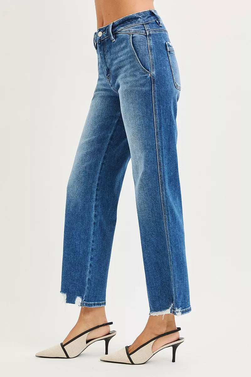 Dark blue Risen high-rise ankle jeans with straight fit and distressed hem detail from Trendsi.