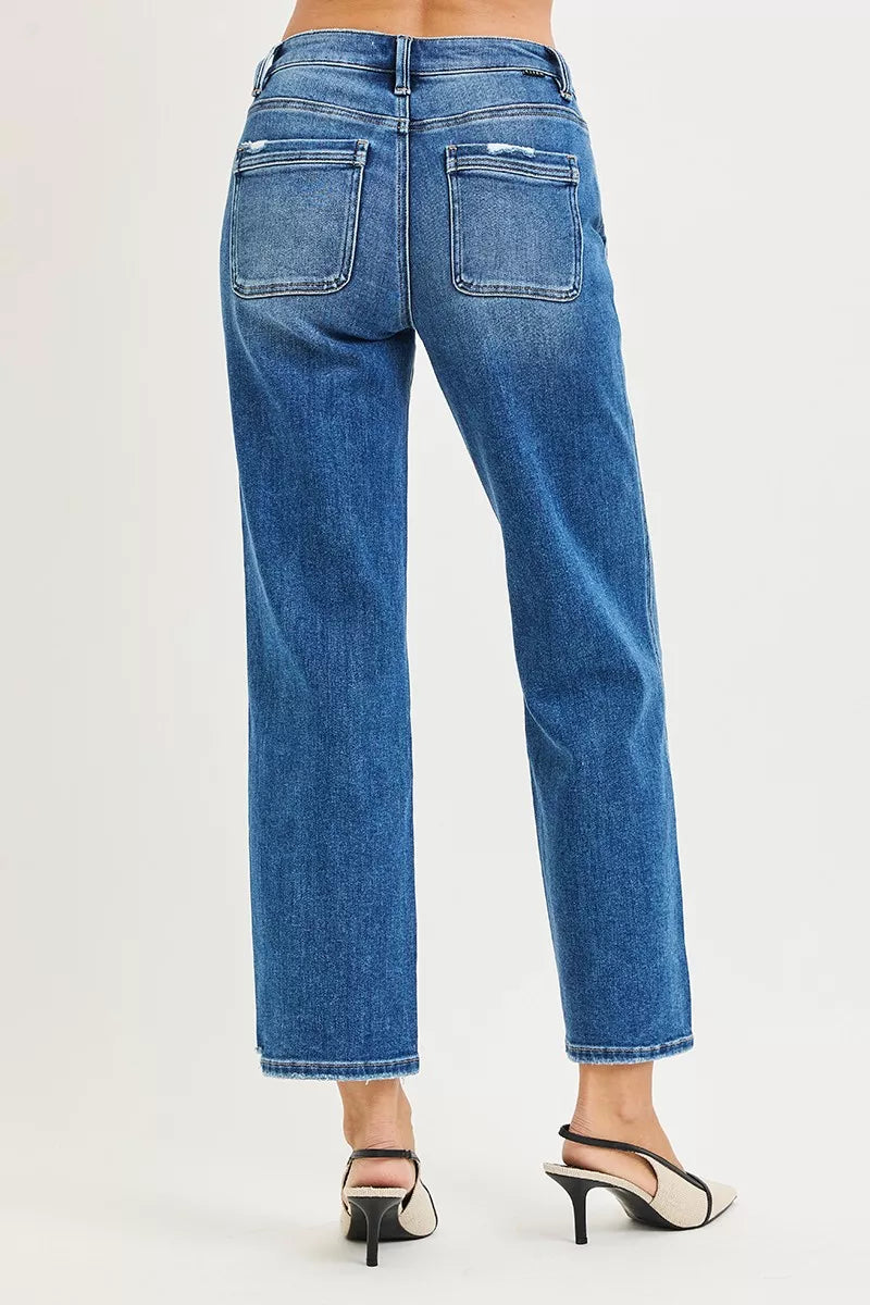 Dark blue Risen High Rise Ankle Straight Jeans with distressed hem and fit details, by Trendsi.