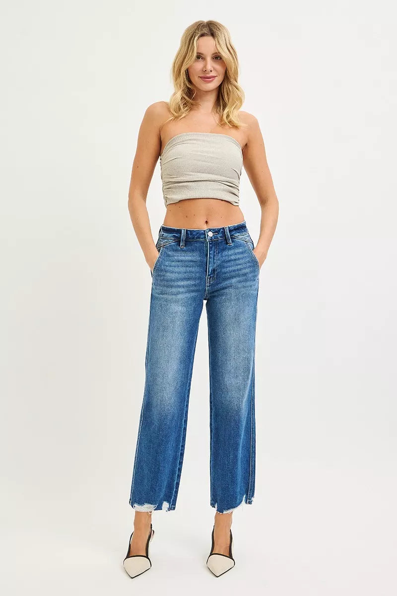 Dark wash Risen high-rise ankle straight jeans with distressed hem and classic fit, by Trendsi.