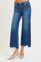 Dark wash Risen high-rise crop wide-leg jeans from Trendsi, showing the relaxed fit and stylish design on a model.