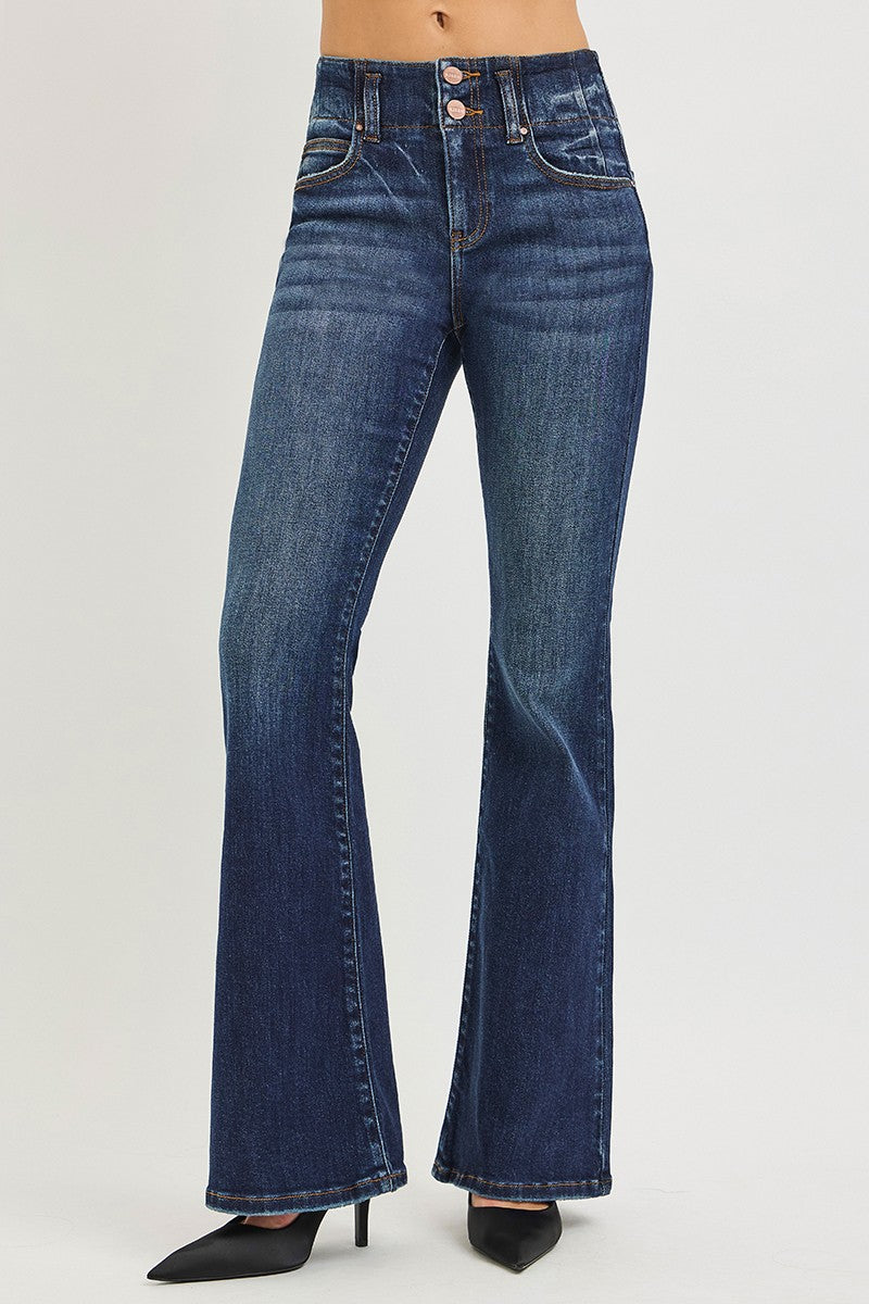 Dark Risen high-rise flare jeans with seam detail and waistband, showcasing a stylish, fitted denim look.