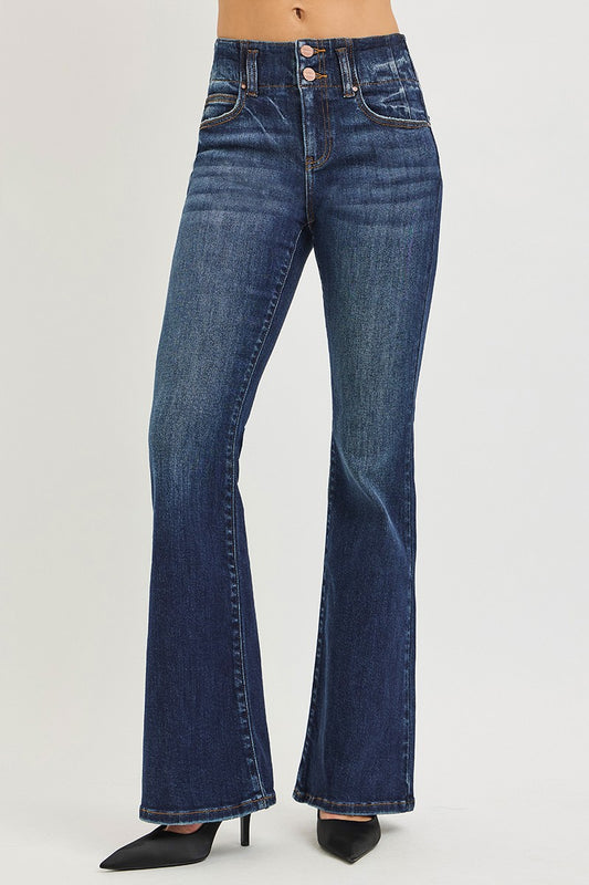 Dark Risen high-rise flare jeans with seam detail and waistband, showcasing a stylish, fitted denim look.