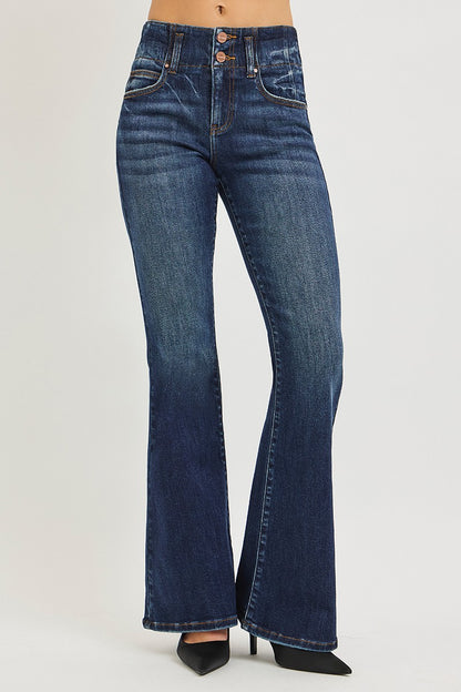 Dark Risen high-rise flare jeans with seam detail waistband, stylish denim with a fitted top and flared leg silhouette.