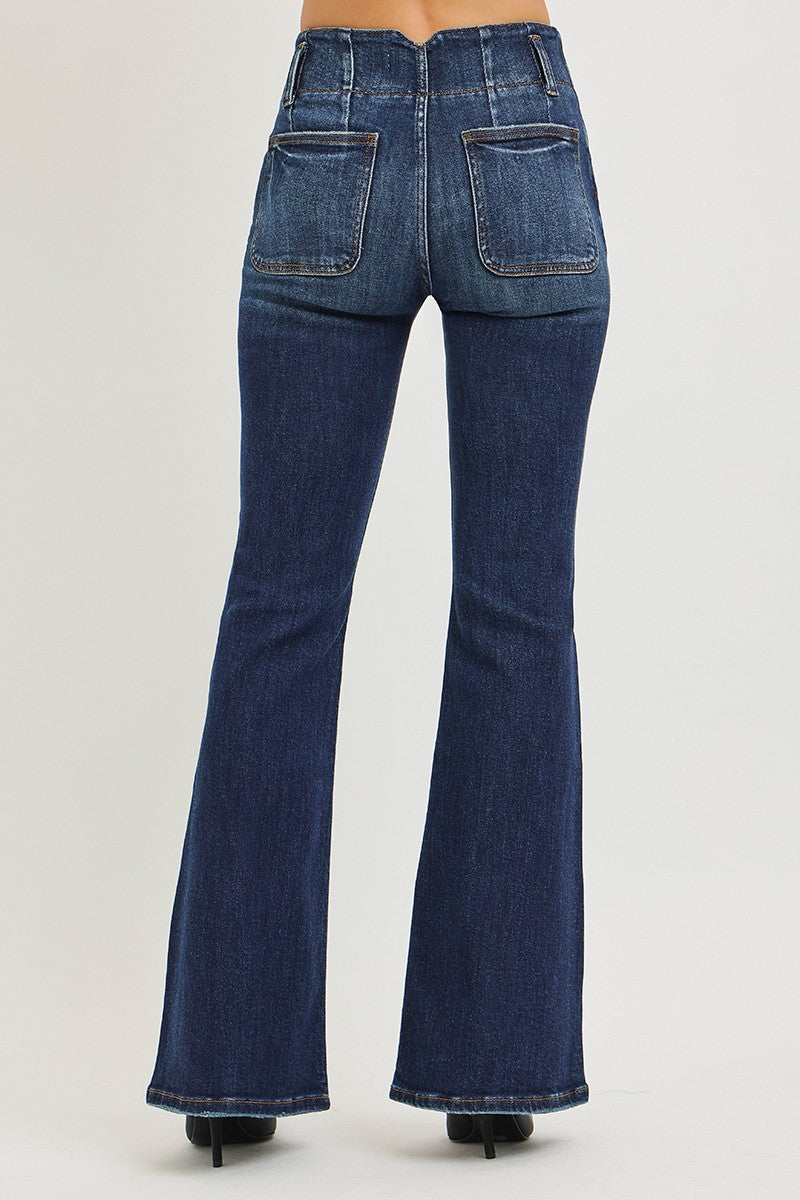 Dark wash Risen high-rise flare jeans with seam detailing and a wide waistband, showcasing trendy denim style.